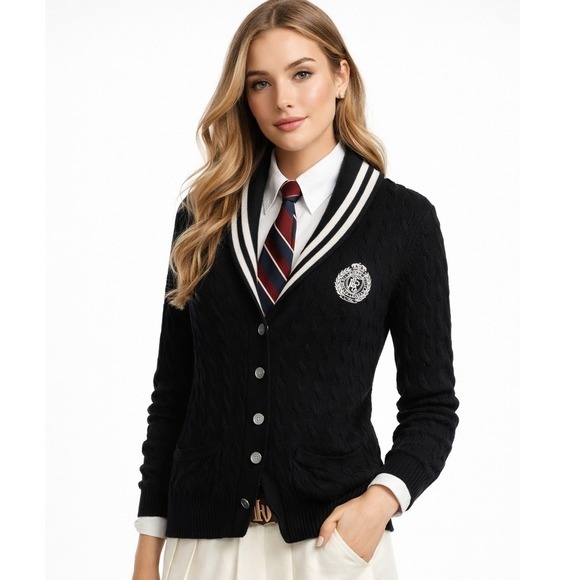 Lauren Ralph Lauren Sweaters - Lauren Ralph Lauren Active Cardigan Black Varsity‎ Cable Knit Shawl Collar Sz XL
